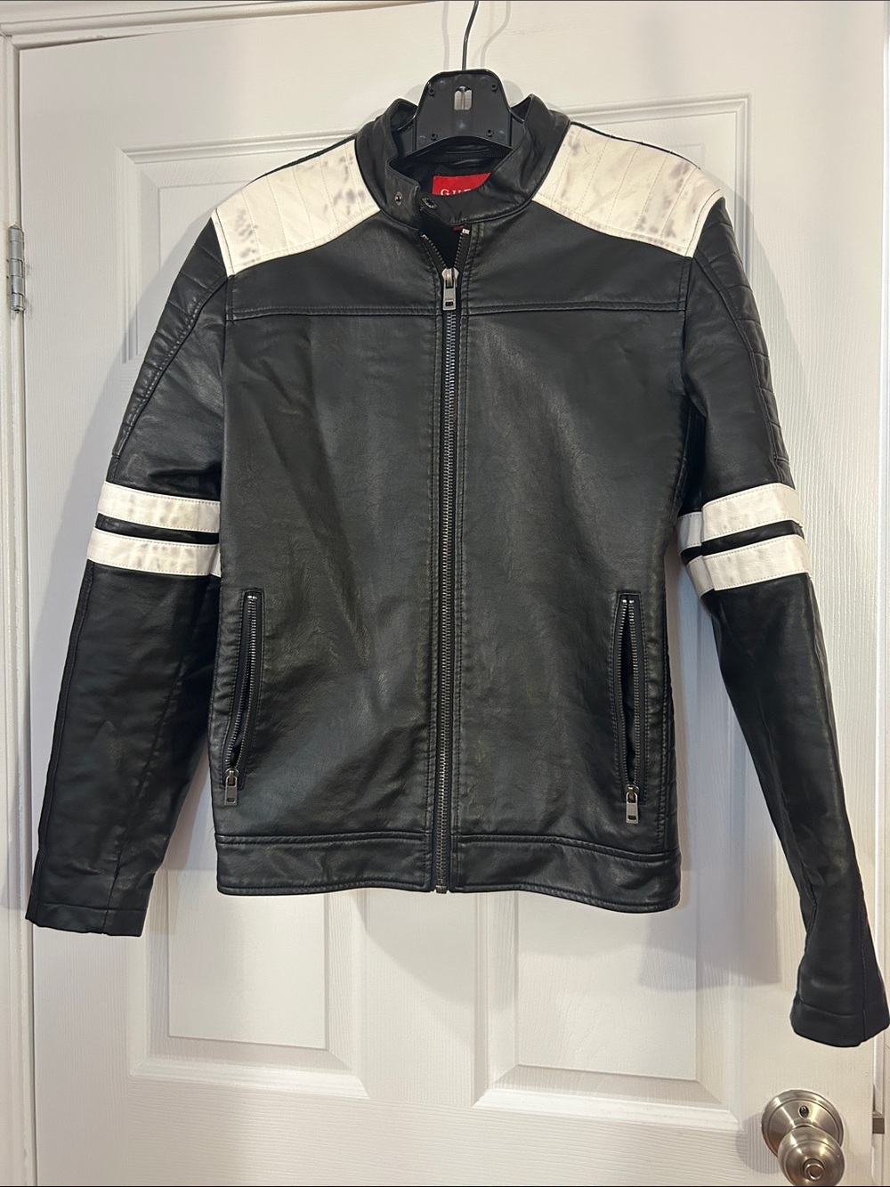 Guess size small Black Faux Leather Bomber Jacket with White Stripes